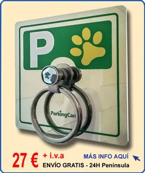 Parking de pared para atar perros, placa fabricada en acero inoxidable y serigrafiada en color verde especial farmacias con huella amarilla y anilla maciza antirrobo - modelo 019AV