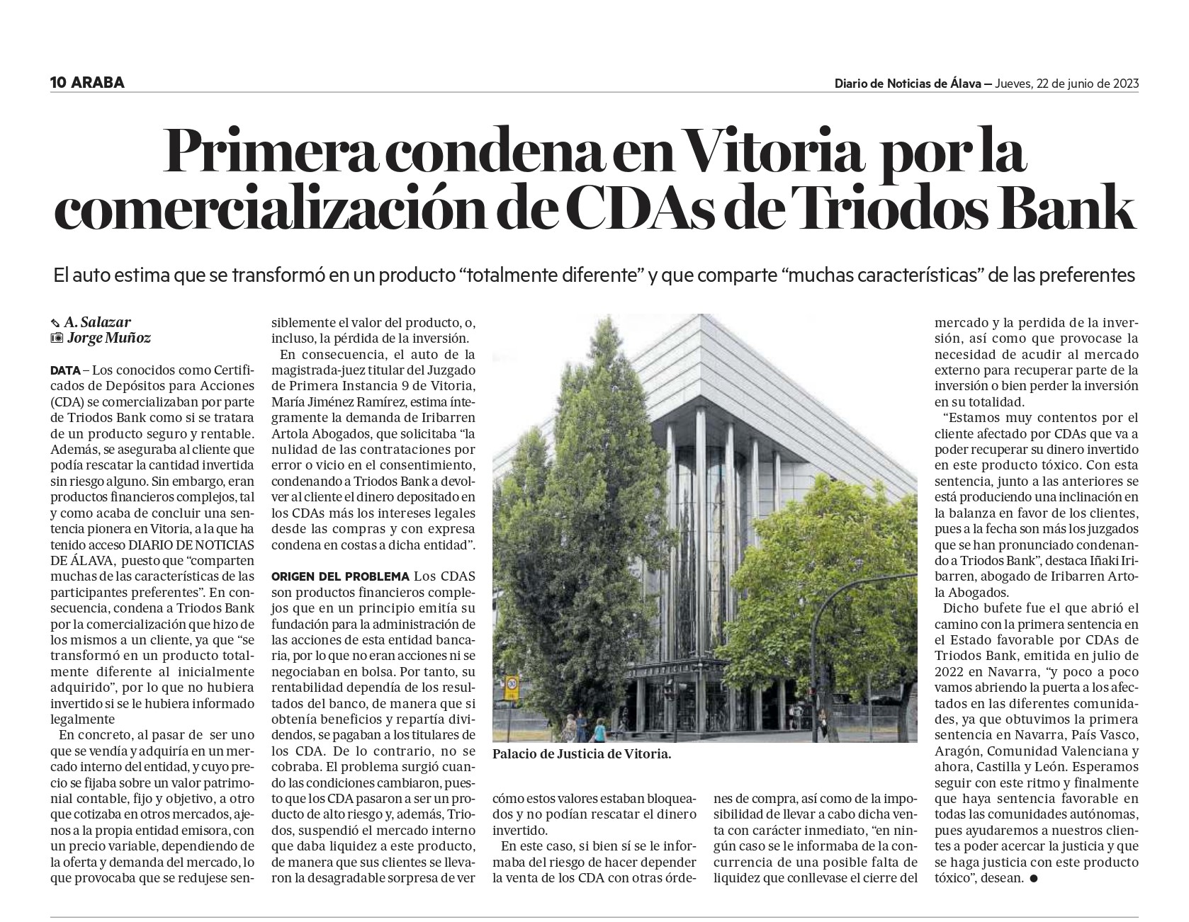 Primera condena frente a Triodos Bank por la comercialización de sus CDAs en Vitoria