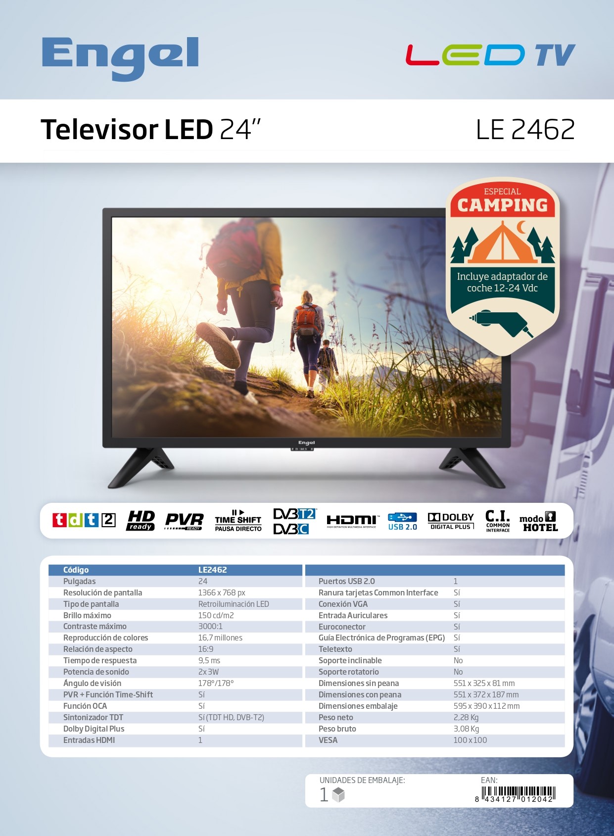TV ENGEL "EVER-LED 24""-TDT HD,  12V CAMPING
