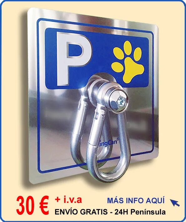 Parking de pared para atar perros, verano 2019, placa fabricada en acero inoxidable y serigrafiada en color azul con huella amarilla y mosquetón macizo antirrobo - modelo 019M