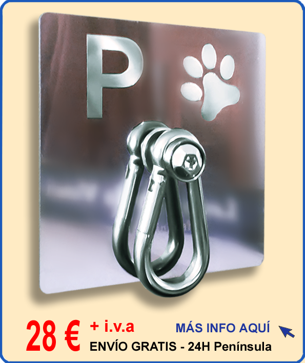 Parking de pared para atar perros, placa fabricada en acero inoxidable y grabada digitalmente con mosquetón macizo antirrobo - modelo 020M