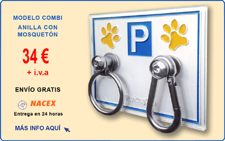 Parking de perros fabricado en metacrilato con huellas amarillas y símbolo parking con fondo azul en 3D con mosquetón y anilla de acero inoxidable - modelo T02CP