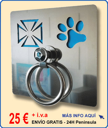Placa para aparcar perros fabricada en acero inoxidable troquelado con fondo color azul especial veterinarios. Anilla maciza antirrobo - modelo 025AZ