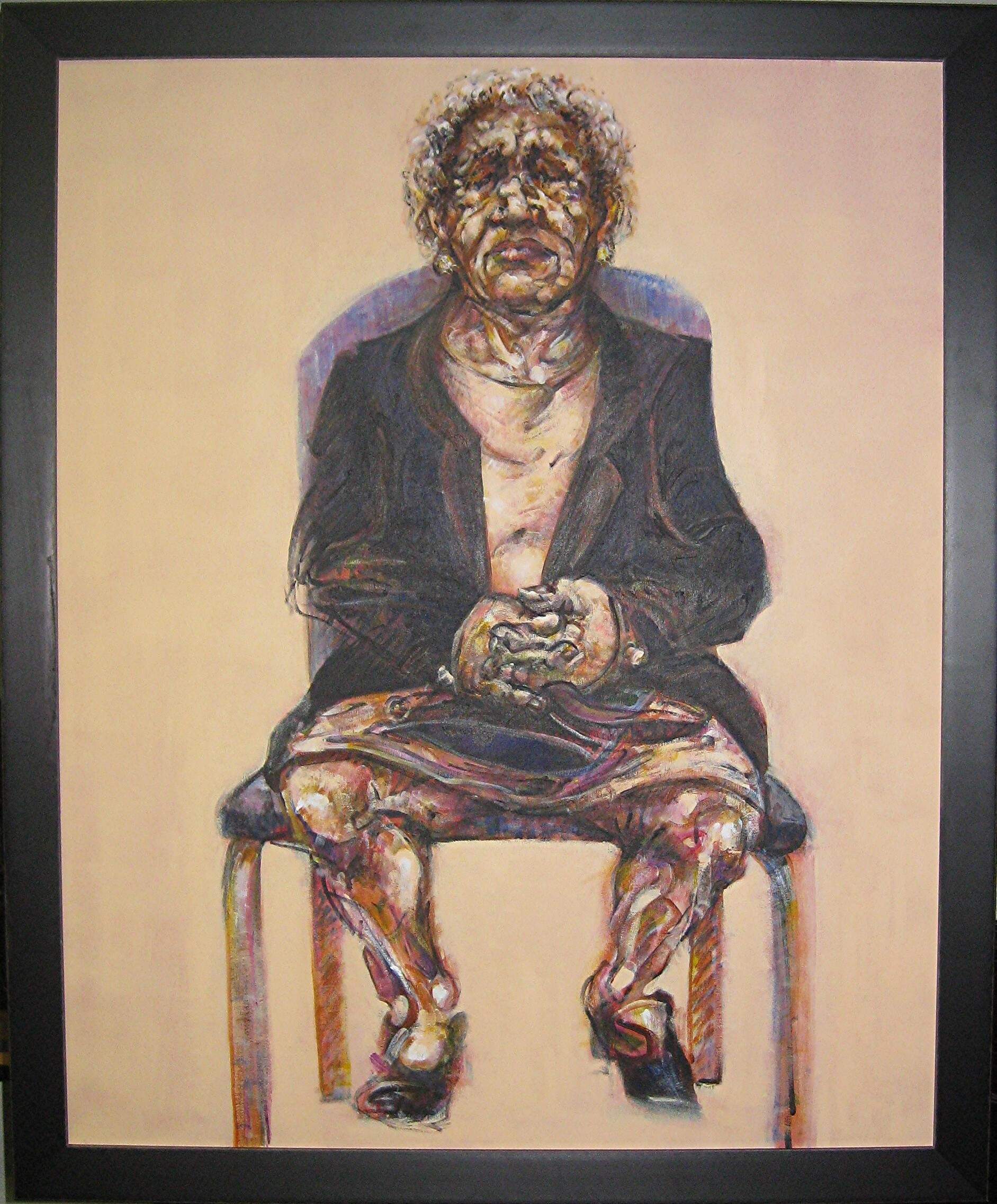 Arte, Sala de espera, cuadro formato grande, original de Juan Sánchez Sotelo, figura de señora mayor sentada, figurativo, galería Madrid, venta online