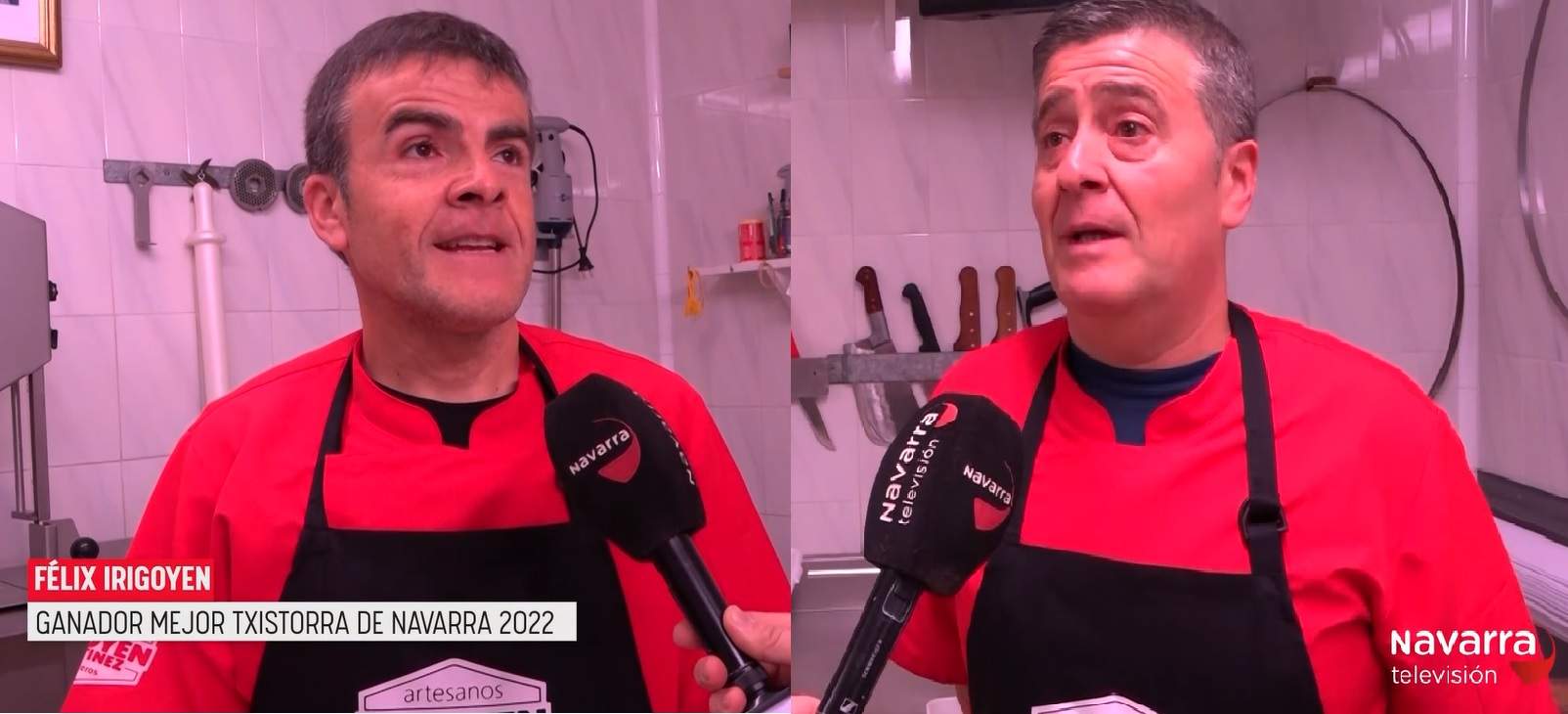 Foto de video montaje, de los dos carniceros irigoyen martinez en carniceria trabajando