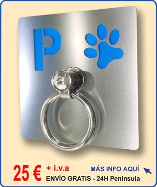 Aparca perros de pared, placa fabricada en acero inoxidable troquelado con fondo color azul y anilla maciza antirrobo - modelo 023AZ