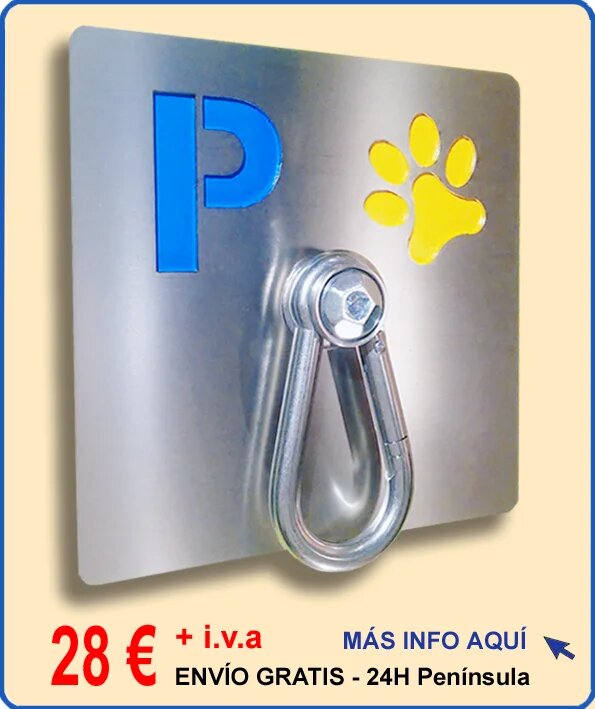 Parking de pared para atar perros, verano 2019, placa fabricada en acero inoxidable troquelado con fondo color azul con huella amarilla y mosquetón macizo antirrobo - modelo 026M
