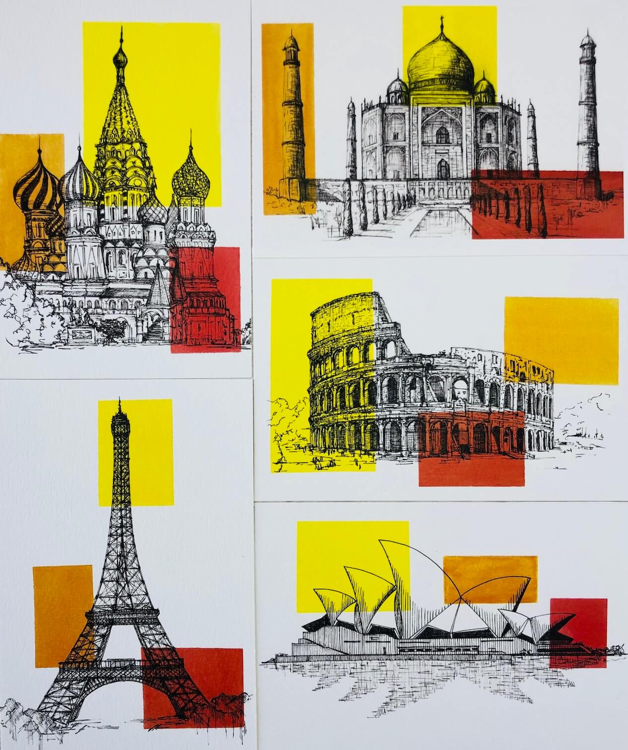 Ilustraciones de acuarela y plumilla de lugares del mundo, torre Eiffel - Paris, Coliseo - Roma, Moscu, India, Sidney