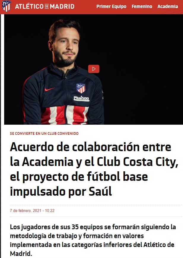 07/02/2021 - Acuerdo de colaboración entre la Academia y el Club Costa City, el proyecto de fútbol base impulsado por Saúl