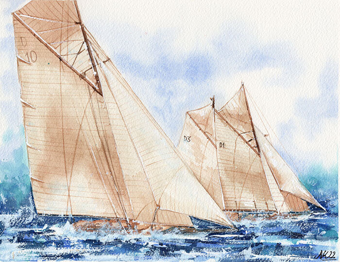 Acuarela original de velero clásico de la copa America, Ilustraciones bonitas del mar
