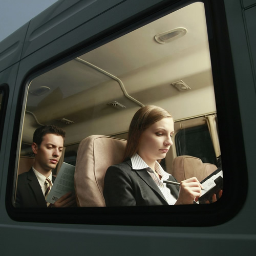Woman and man inside transport