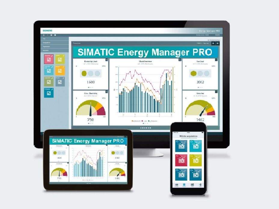 Imagen de un ordenador, una tablet y un móvil con el software EnMpro de Siemens de gestión energética