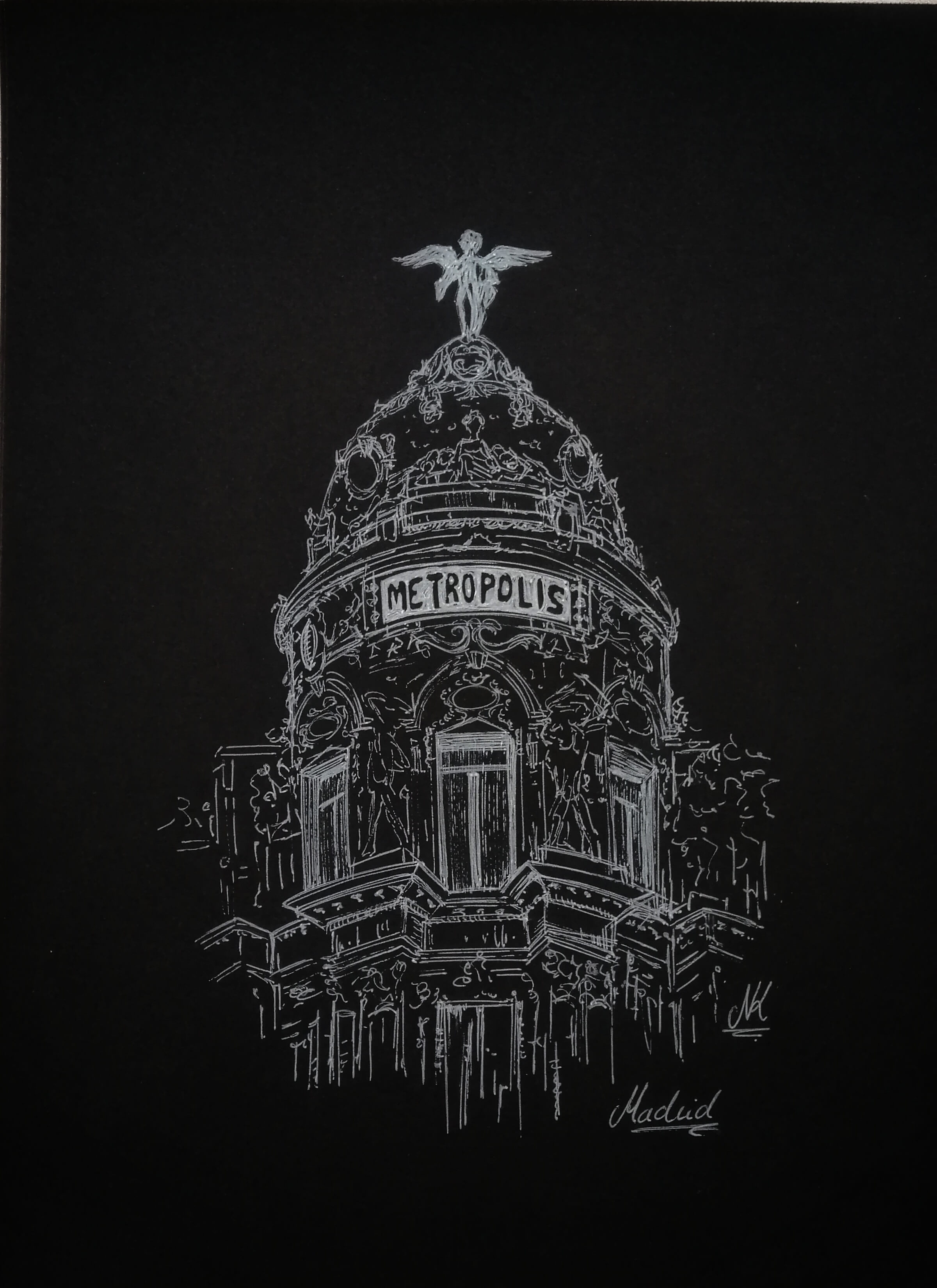 Ilustracion de plumilla blanca sobre fondo negro del edificio metrópolis en Madrid