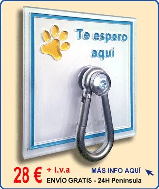 Placa de pared para atar perros fabricada en metacrilato con huella amarilla y texto "Te espero Aquí" en 3D con mosquetón de acero inoxidable - modelo 011ME