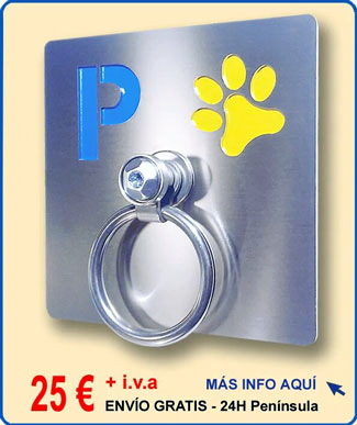 Novedad año 2020. Parking de pared para atar perros, placa fabricada en acero inoxidable troquelado con fondo color azul con huella amarilla y anilla maciza antirrobo - modelo 026A