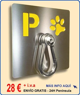 Aparca perros de pared, placa fabricada en acero inoxidable troquelado con fondo color amarillo y mosquetón macizo antirrobo - modelo 023MA