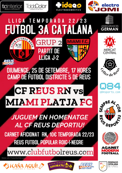 El CF REUS RN,  debuta a la 3a Catalana grup, 2 contra el MIAMI PLATJA FC a casa.