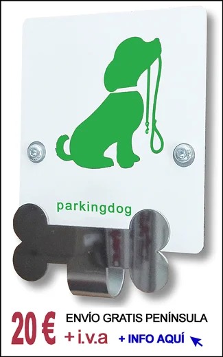 Parking dog modelo FBV. Gancho para atar perros de acero inoxidable con fondo blanco y perro color verde especial farmacias